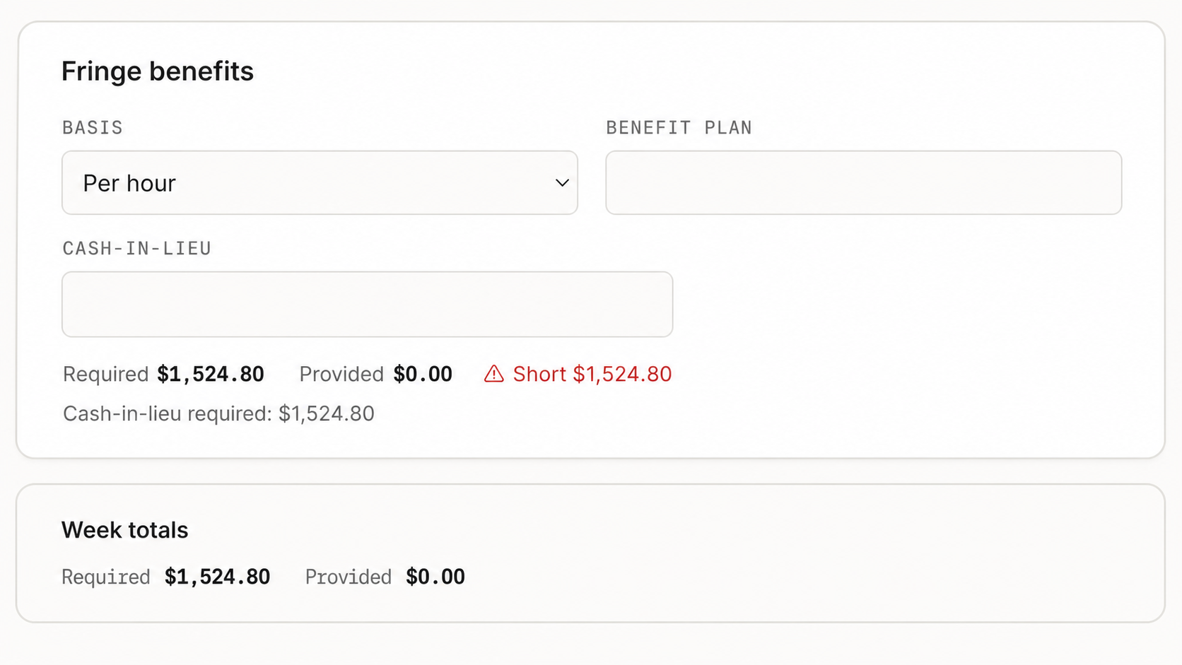 Fringe benefit calculation showing $1,524.80 required and a matching shortfall warning